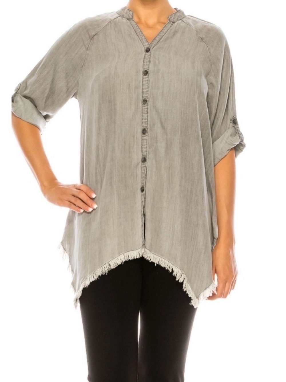 Hester and Orchard Gray Tencel Chambray Button Up Frayed
Hem Top Blouse, Size M - Picture 2 of 9